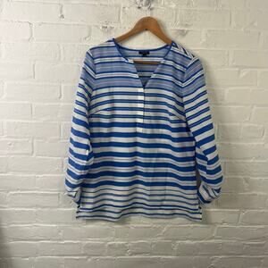 Talbots Women's Striped Tunic Top Long Sleeve Split Neck Blue White Size Small